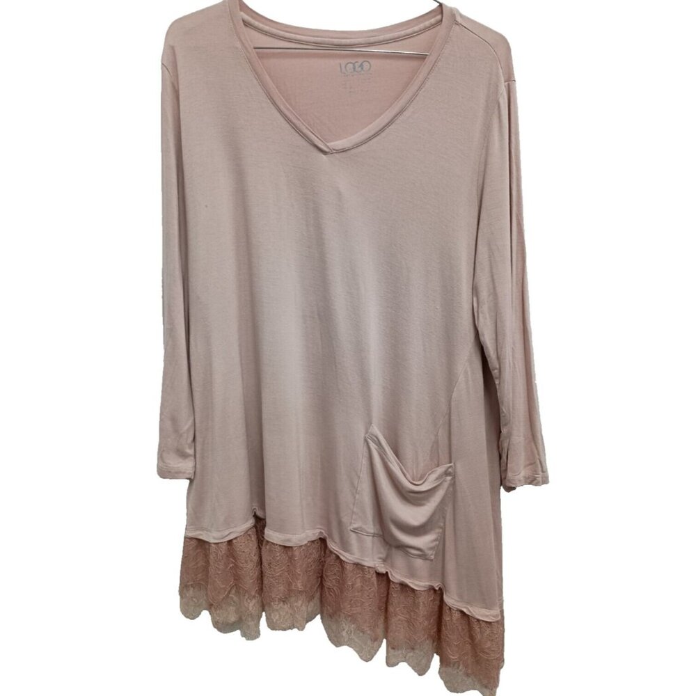LOGO By Lori Goldstein Lagenlook‎ Tunic Top Womens Large Beige Lace Hem Neutral